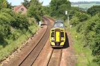 A Dunblane - Edinburgh Waverley 158 working passes the site of the former Philpstoun station, located approximately 2 miles east of Linlithgow, on 26 June 2008. This area formed part of the once extensive West Lothian shale oil industry. <br><br>[John Furnevel 26/06/2008]