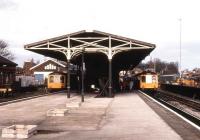 DMUs stand at Lichfield City station in March 1990, prior to the electrification of the route.<br><br>[Ian Dinmore 11/03/1990]
