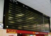 The <I>spotty</I> electro-magnetic departure board at Dundee on 31 July 2008. Possibly time for an upgrade.<br><br>[David Panton 31/07/2008]