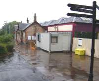 The temporary ticket office in use at Milngavie on a wet 9 August, pending completion of refurbishment work on the main building.  <br><br>[David Panton 09/08/2008]