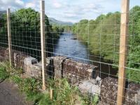 Crumbling refuge and parapet on Dochart Viaduct, now protected by a deer fence, with the view downstream towards Loch Tay. The refuges, built out slightly from the bridge, can be seen from below as in pictures 19271 and 19946. <br><br>[Mark Bartlett 29/05/2008]