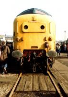 Deltic 55005 <I>The Prince of Wales's own regiment of Yorkshire</I> on display outside Doncaster works on 27 February 1982.<br><br>[Colin Alexander 27/02/1982]