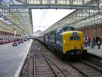 Deltic 55.022 dwarfs Helensburgh Central station after arrival with SRPS tour<br><br>[John Robin 24/08/2008]