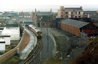 Glasgow bound train at Ardrossan Town. Note the (then) recently lifted tracks to the right.<br><br>[Ewan Crawford //1989]