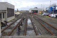 Looking back through Stranraer Harbour station from the buffer stops on 1 August 2008. The station signal box now appears to be permanently switched out with only the platform line in use.<br><br>[Bill Roberton 01/08/2008]