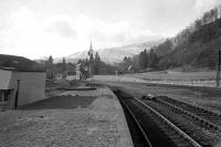 Route of the Callander and Oban Railway west from Callander station, truncated near the centre of what is now the towns main car park. Scene in October 1968 during a temporary lull in tracklifting activity. Callander West signal box stands in the background. [See image 18065] <br><br>[Colin Miller /10/1968]
