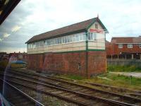 Blackpool North No. 2 signal box, a large Lancashire & Yorkshire structure controlling the stations semaphores and points, is not readily accessible hence this view from a train arriving at the station. Box No. 3 has long since disappeared but No. 1 still operated at the other end of the carriage sidings until it closed in January 2011. [See image 32533]<br><br>[Mark Bartlett 13/08/2008]