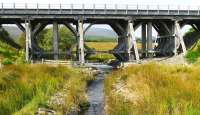 <I>Bridge no 289, Aultnaslanach, north of Moy</I>. First crossed by a train in 1897 and seen here 110 years later looking west along the Aultnaslanach burn. It is the last remaining timber bridge in Scotland to carry a main line. Having suffered from serious fungal decay for a number of years, a project was launched in 2003 to address the problem and, at the same time, strengthen the bridge with a view to ensuring its long-term use. This resulted in a specialised treatment being applied to the timbers, while a new reinforcing structure was <I>sympathetically</I> constructed within the framework of the bridge itself. The completed project was widely acknowledged as a notable success and subsequently received a number of heritage, design and engineering awards.<br><br>[John Furnevel 01/09/2007]