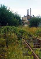 Disused track entering the Orchardhall Aluminium Works, Falkirk, in 1990. Latterly the works was served by a branch from Fouldubs Junction, the stub of the NB (west portion) and CR (east portion) line which formerly ran from Fouldubs through to Swing Bridge West box at the former Carron Junction.<br><br>[Ewan Crawford //1990]