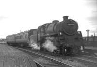 A regular steam turn at Barassie in August 1963 was as stand-in for the failed diesel railbus on the Ayr - Kilmarnock route. The locomotive on this particular day was Standard class 4 2-6-0 76096 of Ayr shed.<br><br>[Colin Miller 11/08/1963]