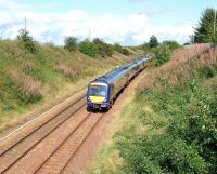 Six car 170 set forming the 1240 Inverness - Edinburgh has left the single line section at Stanley and is heading downhill towards Perth.<br><br>[Brian Forbes 02/09/2008]