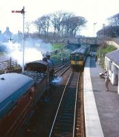 The scheduled DMU service arrives at Elie in the early 1960s as J37 0-6-0 no 64602 prepares to leave with the next leg of a Fife railtour.<br><br>[Robin Barbour Collection (Courtesy Bruce McCartney) //]