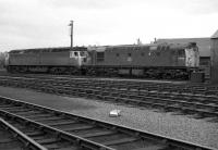 Class 47 no 1628 and class 26 no D5312 await their next duties at Ferryhill MPD on 23 April 1973<br>
<br><br>[John McIntyre 23/04/1973]
