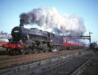 Stanier Black 5 no 45396 of 63B will soon pass its home shed as it accelerates south with a train out of Stirling in the 1960s.<br><br>[Robin Barbour Collection (Courtesy Bruce McCartney) //]