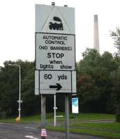 Hopelessly out of date road sign still standing at Methil on 13 September 2008. Not only has the track long gone, but resurfacing has removed any trace of a bump in the road.<br>
<br><br>[David Panton 13/09/2008]