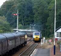 The 1200 London - Inverness HST approaching Dunkeld on 20 September 2008 where it is crossing the southbound 47854 with a West Coast Railway hauled train bound for Newcastle.<br><br>[Brian Forbes 20/09/2008]
