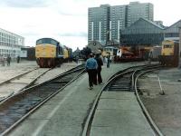 St Rollox Works open day on 27 June 1981. Locomotives on show that day included (left to right), 44008 Penyghent, a class 37, D49 246 Morayshire,a class 81 and a class 20.<br>
<br><br>[Colin Alexander 27/06/1981]