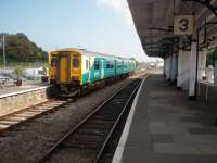 <I>Sprinter in disgrace</I> Arriva Wales liveried 150279 disrupted morning services on the St Ives branch by failing (note second door stuck open) and was parked in a siding at St Erth whilst a replacement was found. 153361 later arrived from Truro to pick up the roster. Branch trains use Platform 3 seen here, which is set slightly lower than the mainline platforms to the right. Access to the branch is controlled by the lower quadrant semaphore and the branch operations do not conflict with the main line.<br><br>[Mark Bartlett 18/09/2008]