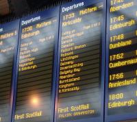 Departure board at Glasgow Queen Street on 15 September announcing the 1733 Monday - Friday direct service to Kirkcaldy. One train a day runs each way.<br><br>[David Panton 15/09/2008]