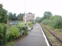 Umberleigh lies south of Barnstaple on the <I>Tarka Line</I>. Services on this former Southern line are now in the hands of First Great Western who are reported to be increasing the frequency of trains due to significant growth in passenger numbers. View towards Barnstaple past the traditional Southern <I>running in board</I>. <br><br>[Mark Bartlett 15/09/2008]