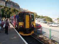 The tracks of the original station at St Ives ran along the curved wall but the line was cut back to this new platform and shortened stub. Timings are tight for the half hourly shuttle to St Erth, which is scheduled to arrive AND depart at 25 and 55 minutes past the hour. 153361 is on turnaround after another run from the main line junction.  <br><br>[Mark Bartlett 18/09/2008]