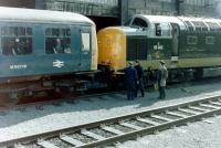 Waverley station's unusual pilot - Deltic no 55002 <I>The Kings Own Yorkshire Light Infantry</I> - shunting a Cravens class 105 DMU on 25 April 1981.<br>
<br><br>[Colin Alexander 25/04/1981]