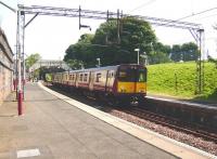 314 201 pulls into the arrivals platform at Neilston on 28 July 2008 with passengers at platform 1 ready to board the return service to Glasgow following reversal. <br><br>[David Panton 28/07/2008]