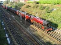 Ex-LMS Jubilee class locomotive no 5690 <I>Leander</I>, at the rear of an ecs movement back to Carnforth on 27 September, photographed shortly after passing Farington Curve Junction.<br><br>[John McIntyre 27/09/2008]