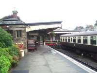 Bodmin and Wenford trains reverse at Bodmin General before continuing to Bodmin Parkway or Boscarne Junction. Many original station features survive here at the terminus. <br><br>[Mark Bartlett 15/09/2008]