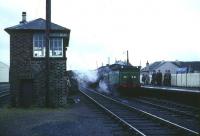 A Branch Line Society railtour at Ponfeigh, Lanarkshire, on 16 October 1965. Ex-GNSR No 49 <I>Gordon Highlander</I> has just run round its train and is about to head back to Lanark. Photograph taken looking south west towards Muirkirk, with the branch to Douglas Colliery passing to the left of the signal box.<br><br>[Robin Barbour Collection (Courtesy Bruce McCartney) 16/10/1965]