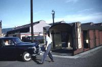 George Carnegie prepares to drive his Vauxhall Wyvern onto <i>The Anglo-Scottish Car Carrier</i> during loading at Perth in July 1956. Launched between Perth and London (Holloway) the previous year, this was the first of the services in what eventually became the BR Motorail network. [See image 4643]<br><br>[Gus Carnegie 16/07/1956]