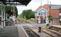 Looking west from Goole station over Booth Ferry Road level crossing towards Goole signal box on 29 September 2008. Note the 4-way pedestrian underpass running beneath the road and tracks, with an entrance at the end of each platform. <br><br>[John Furnevel 29/09/2008]