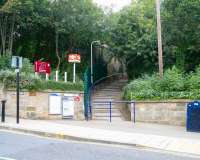 With the old S&D station now a museum, the 2008 entrance to the remaining operational platform at North Road is in McNay Street to the south of the station (with North Road itself running just off to the right). The steps ascend alongside the east wall of the old Stockton & Darlington Railway goods shed (which is now used by the Darlington Railway Preservation Society). [See image 18928]<br><br>[John Furnevel 04/10/2008]