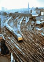 Deltic D9019 <I>Royal Highland Fusilier</I> brings an ECML service out of the east end of Newcastle Central in 1972 heading for Edinburgh Waverley.<br><br>[John Alexander //1972]