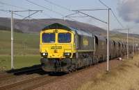 Southbound coal hoppers near Roberton (no relation) just south of Lamington on 28 October behind Freightliner 66596.<br><br>[Bill Roberton 28/10/2008]