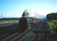 An unidentified Britannia Pacific hurries north on the approach to Floriston level crossing, north of Carlisle, in the mid 1960s.<br><br>[Robin Barbour Collection (Courtesy Bruce McCartney) //]