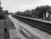 View south towards Ramsbottom at Stubbins one week before closure. The station buildings were located at the far end of the disused platform, near the village centre (SD 792181). The platform outside the station building was at the original very low level and fenced off from the tracks. After the line was singled this shelter, accessed by subway, was a poor replacement. The Accrington line, closed in 1966, runs behind the platform fencing. [See image 21774] for a modern day 'Then and Now' comparison. <br><br>[W A Camwell Collection (Courtesy Mark Bartlett) 27/05/1972]