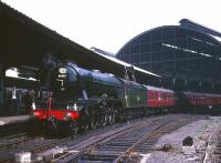 Beautifully turned out A3 Pacific 60052 <I>Prince Palatine</I> stands at Newcastle Central with the 1X18 Scottish Locomotive Preservation Fund special on 5 June 1965. The Pacific had brought the train from Edinburgh via the ECML and was about to head for Carlisle. Sadly, the A3 developed a problem during the leg to Carlisle, resulting in A4 60027 <I>Merlin</I> taking over for the journey back to Edinburgh via the Waverley route. [See image 30944]<br><br>[Robin Barbour Collection (Courtesy Bruce McCartney) 05/06/1965]