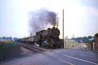 Ex-WD Austerity No 90199 of 65F Grangemouth shed working hard on the gradient over Lenziemill level crossing approaching Cumbernauld with a freight in August 1965. [The train is about to pass through the location of the present day Greenfaulds station.]<br><br>[G W Robin 03/08/1965]