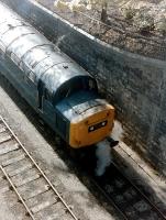 A class 40 heading west through Princes Street Gardens in 1981 is about to enter Haymarket Tunnel.<br><br>[Colin Alexander 25/04/1981]