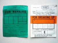 Repair card issued to B120666, a 16T unfitted mineral wagon, at Pembrey directing it to Llanelli with a <I>bent side door & corroded 1/4 & floor plates</I>. The second notice was issued on 20/10/75 for a one way trip to Woodham Bros at Barry Dock for breaking, from where I <I>rescued</I> them. This wagon was one of 1200 ordered from Butterley in 1952 under Lot 2381.<br><br>[Mark Bartlett 20/10/1975]
