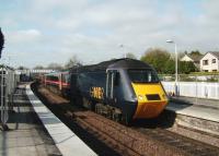 A Peterborough bound GNER HST Saturday service at Inverkeithg platform 1 on 28 April 2007 during ongoing reconstruction work.<br><br>[David Panton 28/04/2007]