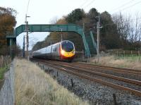 A Virgin Pendolino runs south through Lancashire on 15 Nov 2008 near Brock, heading for Preston.<br><br>[John McIntyre 15/11/2008]