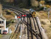 Southbound 158839 is brought to a halt by a signal check at Pontrillas on its way to Cardiff on 19 November.<br><br>[John McIntyre 19/11/2008]