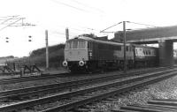 White tyres, white buffers and a shiny new paint job. Newly named 86254 <I>William Webb Ellis</I> speeds a passenger service north past the loco exchange sidings at Farington Junction. The bridge is still a popular vantage point for local enthusiasts. 86254 continued in service for a further 22 years being withdrawn in 2002 and cut up at Booths, Rotherham two years later. <br><br>[Mark Bartlett 10/10/1980]