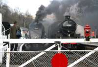 <h4><a href='/locations/G/Grosmont'>Grosmont</a></h4><p><small><a href='/companies/W/Whitby_and_Pickering_Railway'>Whitby and Pickering Railway</a></small></p><p><I>Just popped out for a smoke...</I> View north into the station from the crossing at Grosmont on 3 April 2008. Gresley A4 Pacific 60009 <I>Union of South Africa</I> stands alongside Thompson B1 4-6-0 61264.</p><p>03/04/2008<br><small><a href='/contributors/John_Furnevel'>John Furnevel</a></small></p>