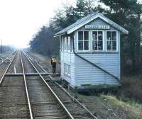 View south past the signal box at Denver Junction on the Kings Lynn - Cambridge line in 1979. The line branching off on the left once ran to Stoke Ferry. <br><br>[Ian Dinmore //1979]