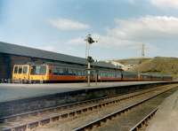 DMUs in the bays at Ardrossan Town station in 1985, looking back towards Holm Junction.<br><br>[Colin Miller //1985]