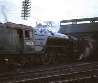 Peppercorn A2 no 60532 <I>Blue Peter</I> stands outside Tay Bridge shed, Dundee, c 1965.<br><br>[Robin Barbour Collection (Courtesy Bruce McCartney) //1965]