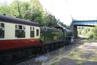 A through NYMR service between Whitby and Pickering runs through Sleights station on 2 October 2008 behind ex-SR class S15 4-6-0 no 825. The train is about to pass below the A169 road bridge.   <br><br>[John Furnevel 02/10/2008]